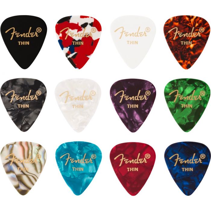 Fender Guitar Picks 351 Shape, Celluloid Color Medley Mix, THIN (12 PACK)