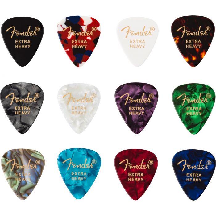 Fender Guitar Picks 351 Shape, Celluloid Color Medley Mix, EXTRA HEAVY (12 PACK)