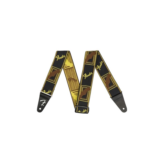 Genuine Fender WeighLess Stretch 2" Monogrammed Guitar Strap, Black/Yellow/Brown