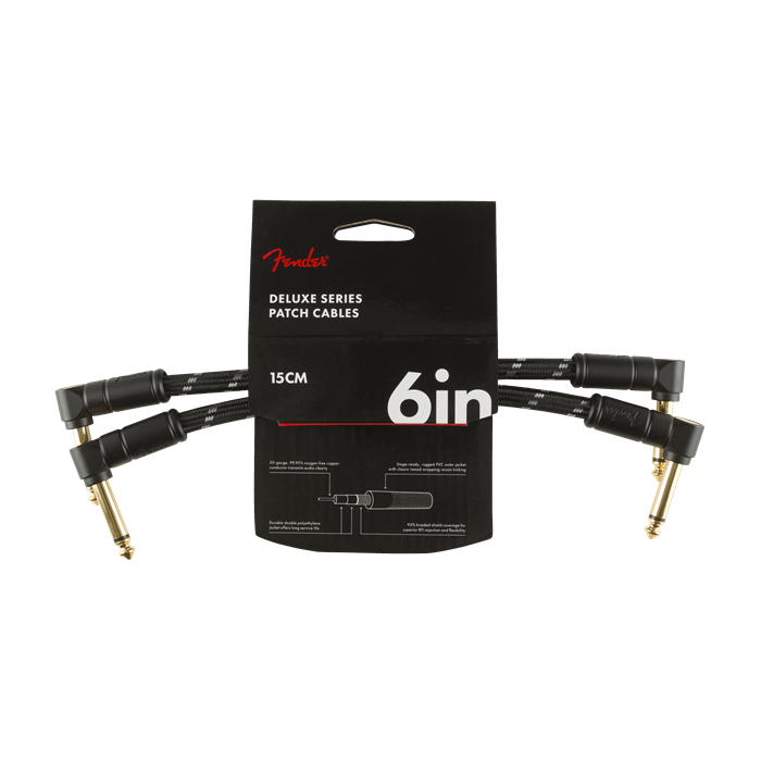 Fender Deluxe BLACK TWEED Electric Guitar Patch Cables, Right Angle, 2-Pack, 6"