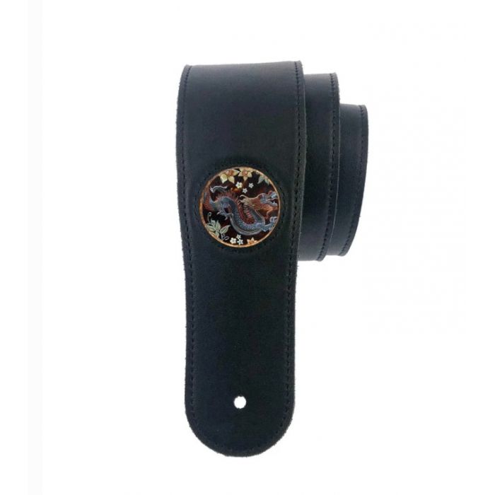 Thalia Black Leather Guitar Strap with Lucky Dragon Inlay
