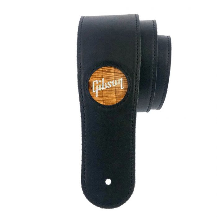 Thalia X Gibson Black Italian Leather Guitar Strap w/ Hawaiian Koa Pearl Logo