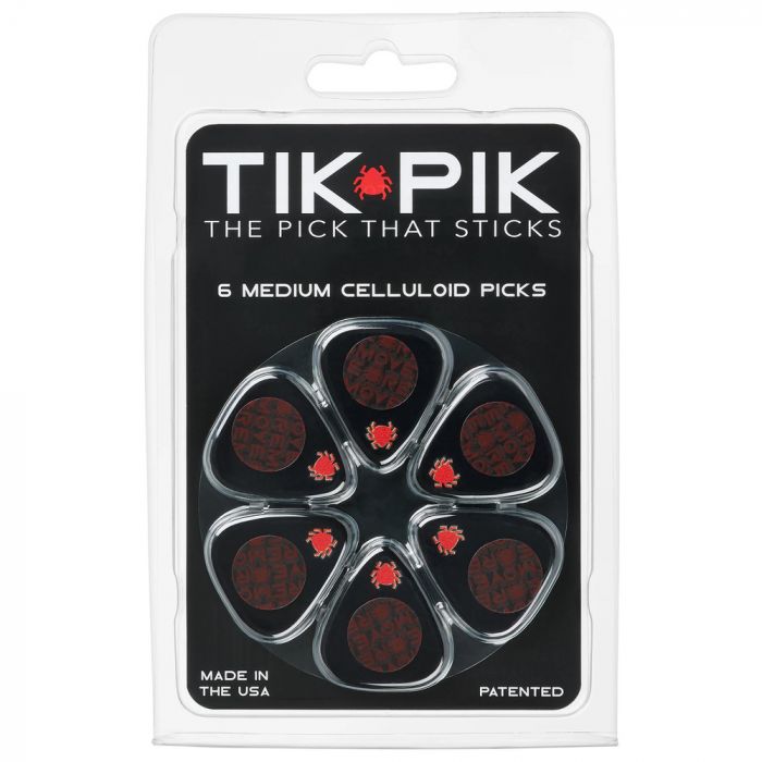 TIK PIK USA Stick-On Celluloid Guitar Picks, Black, 6-Pack, MEDIUM