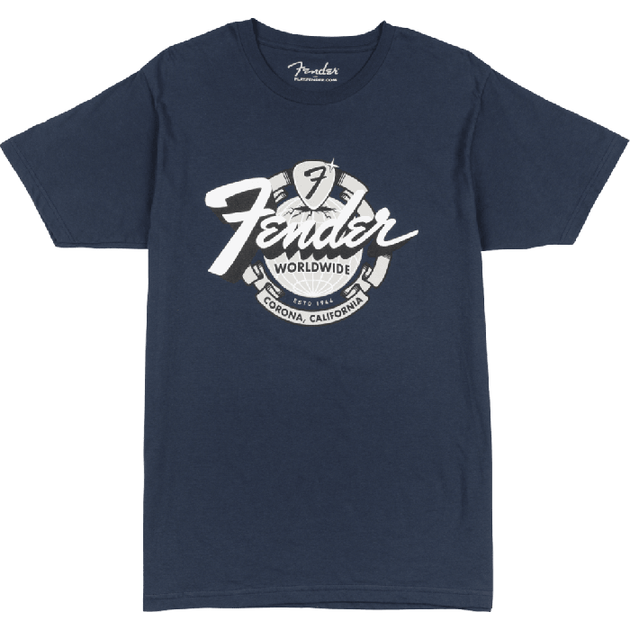 Genuine Fender Guitars World Wide T-Shirt/Tee, Vintage Navy, 2XL, XX-Large