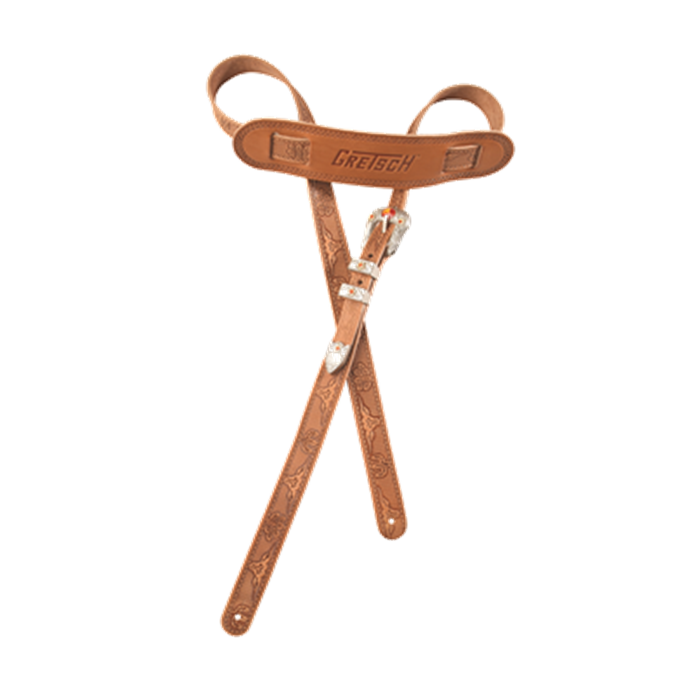 Genuine Gretsch Vintage Tooled Leather Adjustable Guitar Strap, (Russet)