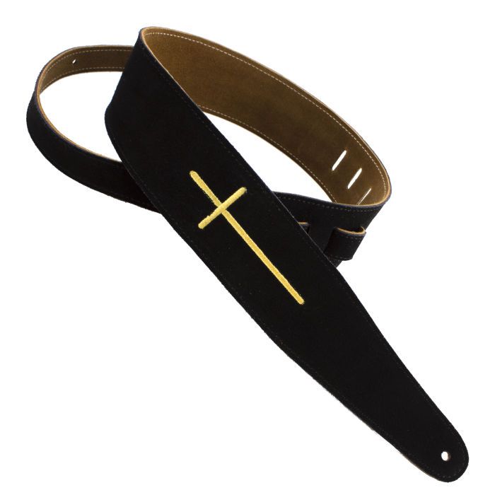 Henry Heller Leather Series, 2.5" Wide Guitar Strap, Black Suede Embroidered Cross