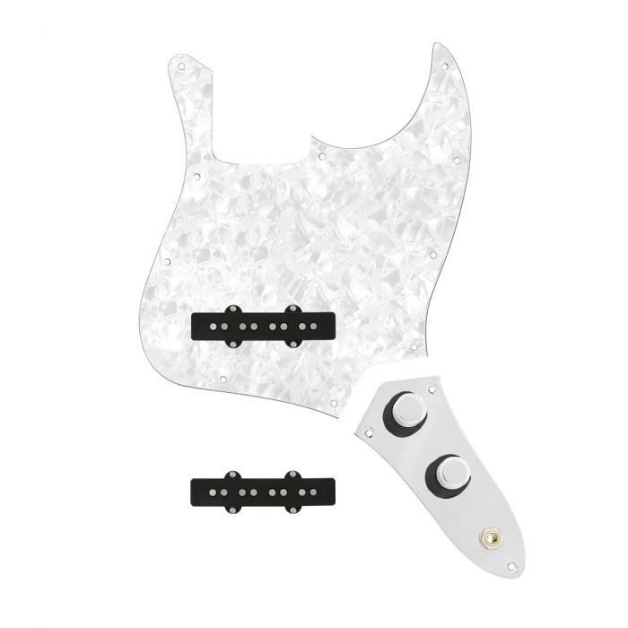 920D Custom Jazz Bass Loaded Pickguard With Pocket (Vintage) Pickups, White Pearl Pickguard, and JB-CON-CH-BK Control Plate