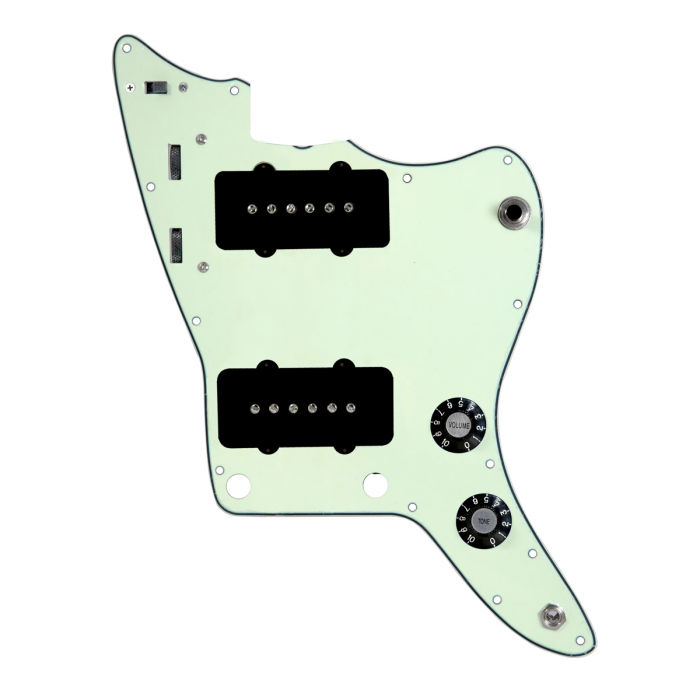 920D Custom JM Grit Loaded Pickguard for Jazzmaster With Black Pickups and Knobs ,  Mint Green Pickguard, and JMH-V Wiring Harness