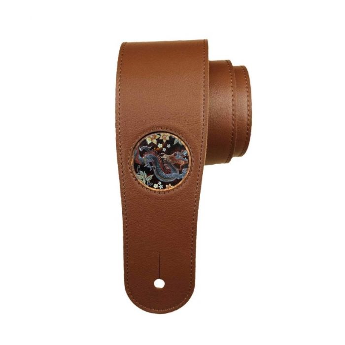 Thalia Brown Leather Guitar Strap with Lucky Dragon Inlay