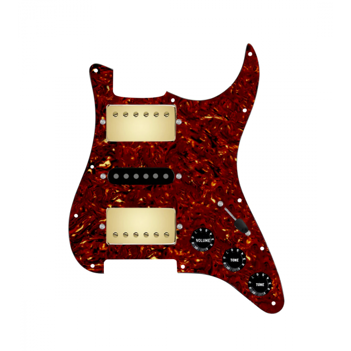 920D Custom HSH Loaded Pickguard for Stratocaster With Gold Smoothie Humbuckers, Black Texas Vintage Pickups, Tortoise Pickguard, and S5W-HSH Wiring Harness