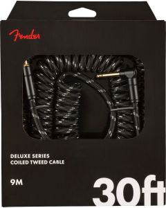 Fender Coiled Guitar/Instrument Cable, BLACK TWEED Straight to Right-Angle 30'ft