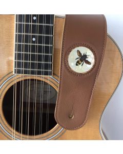 Thalia Brown Leather Guitar Strap with Vintage White Pearl Save The Bees Inlay