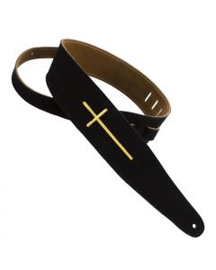 Henry Heller Leather Series, 2.5" Wide Guitar Strap, Black Suede Embroidered Cross