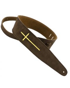 Henry Heller Leather Series, 2.5" Wide Guitar Strap, Chocolate Suede Embroidered Cross