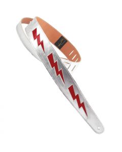 Henry Heller Lightning Bolt Leather, 2" Wide Guitar Strap, Silver/Red